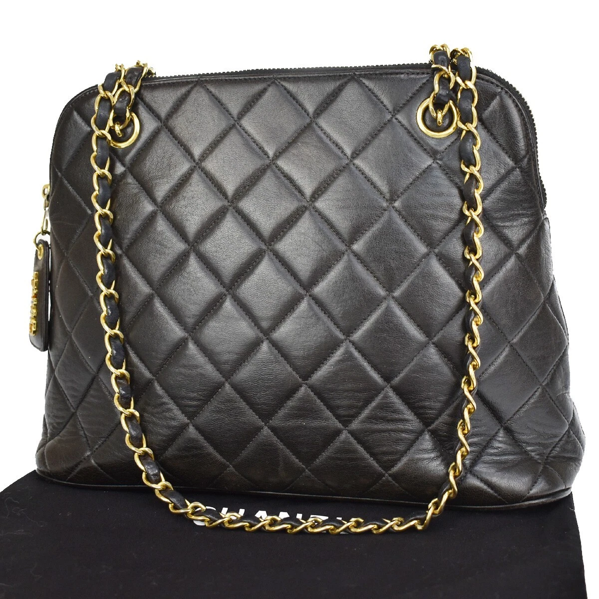 Vintage CHANEL Black Caviar Matelasse Chain Shoulder Bag With 