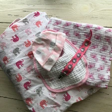 Pottery Barn Crib Sheet - Elephant Collection for Baby Girl - Blanket - Bib -Hat