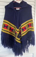 VINTAGE Fringe Poncho Cape Cloak Shawl Collared Aztec Acrylic Made In Hong Kong