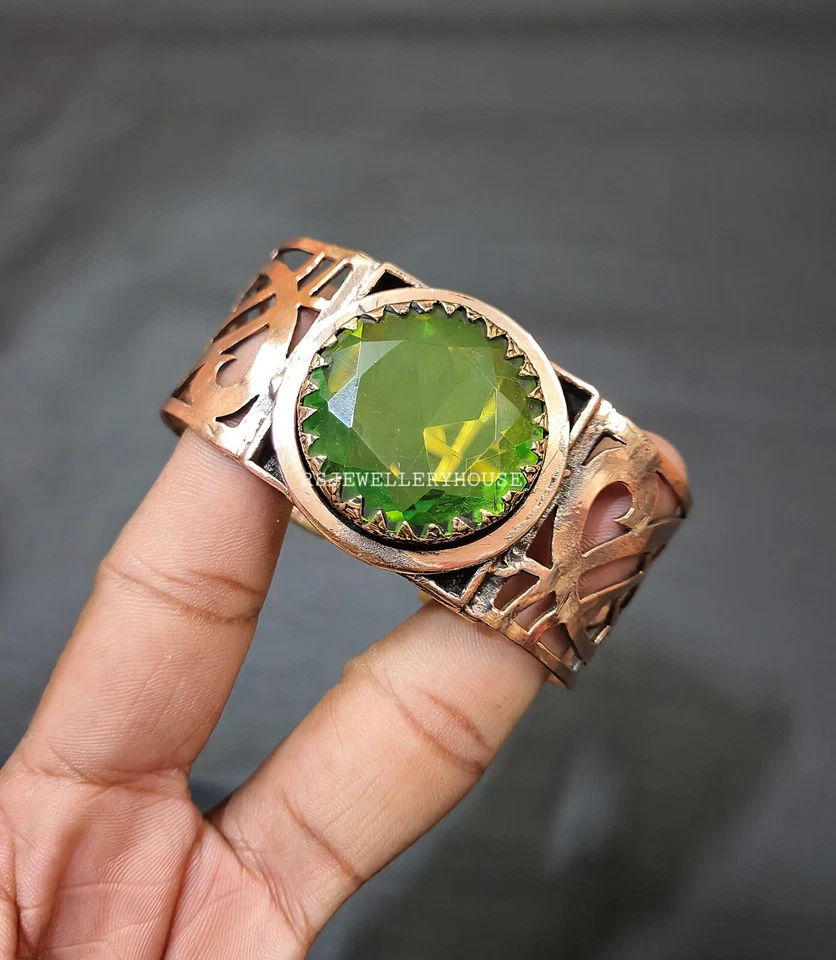 Precioso Brazalete Brazalete Redondo Peridoto Cobre Diseñador Ajustable Regalo Brazalete Foto 4 de 4