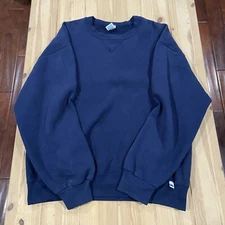 Vintage 90s Y2K Distressed Russell Athletic Blank Navy Crewneck Made In Mexico