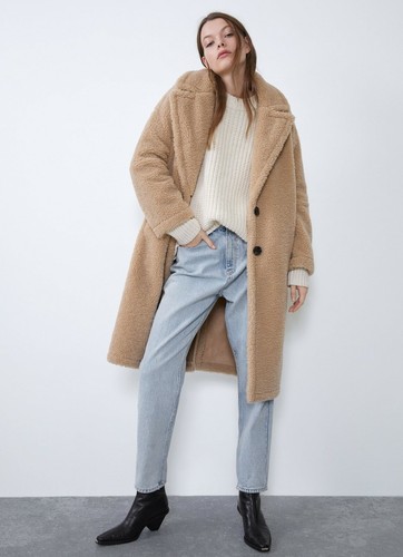 ZARA BEIGE FAUX SHEARLING LOOSE-FITTING LAPEL COLLAR COAT SIZE M - Picture 8 of 17