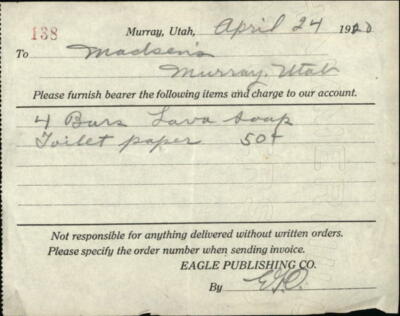 1926 Murray Utah (UT) Receipt Eagle Publishing Co. Madsens