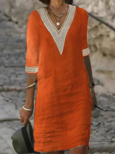 Mujeres Vestido Solero Cuello en V Algodón Lino Midi Damas Verano Informal Manga Corta - Imagen 10 de 29