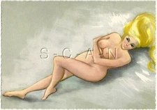 Original 1950s-60s German Nude Artistic Pinup PC- Endowed Blond- Lies on Bed