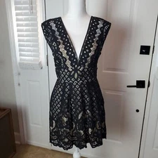 Free People Mini Sheath Dress Womens Small Black Lace Side Zip LBD Plunge Neck