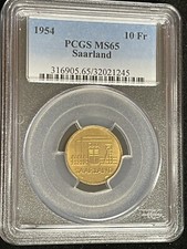 Saarland 1954 PCGS MS65 10 Fr Franken Germany France Paris J-801 World Coin