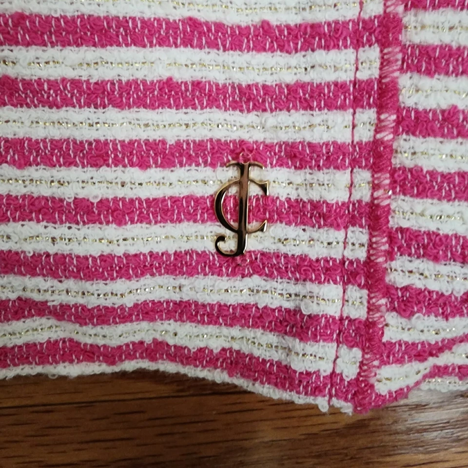 Juicy Couture 连衣裙 XL Shift Boucle 条纹粉色白色金色金属线新品 — 第 4/4 张图片
