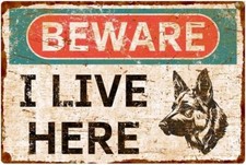 Vintage Style Beware of Dog Aluminum Sign - Metal German Shepherd White