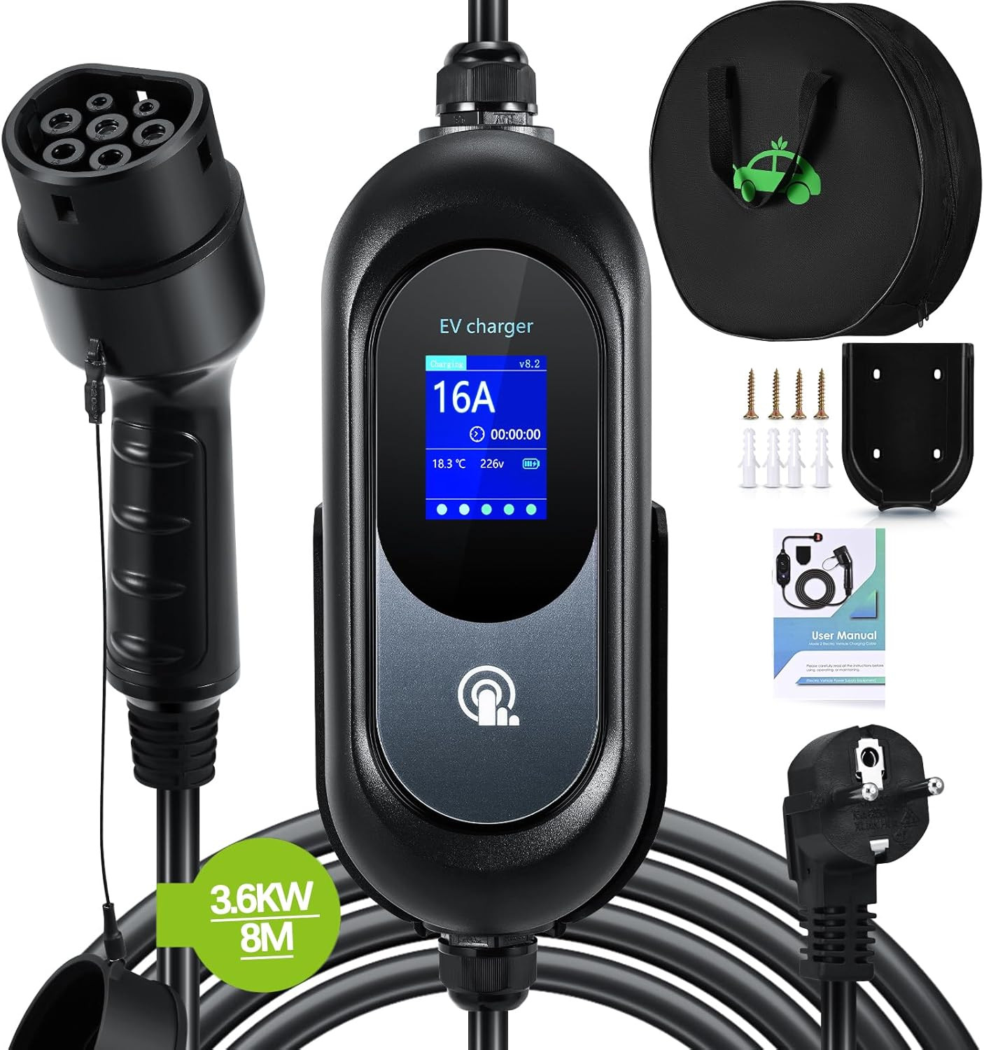 Chargeur type 2 voiture électrique 8m 3.6kW avec support câble mural 16A