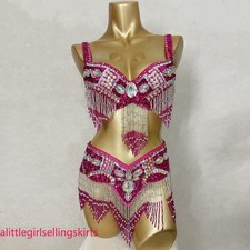 Beaded Carnival Samba Performance Outfit Belly Dance Costume Bra Belt Hot Pink