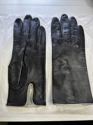 Vintage Fownes Genuine Leather Black Gloves w/gold trim Size 3 