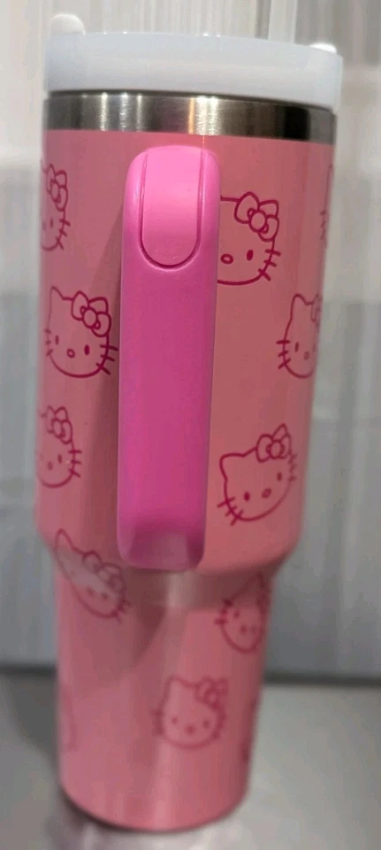 Hello Kitty Pink Stainless Steel Travel Mug Tumbler w/Handle, Lid & Straw  30oz - Image 4 of 4