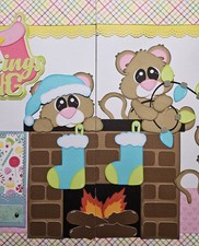 Premade 12x12 Scrapbook Pages Handmade Layout SEWN MATS Xmas Stockings Blue PCC