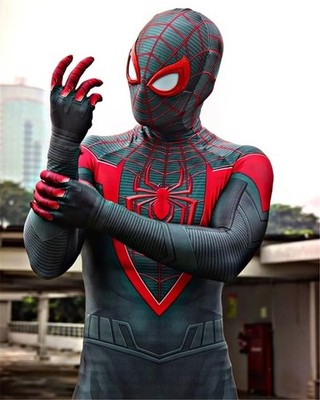 Miles Morales Spider-Man Kostüm Zentai Cosplay Suit Schwarz Rot PS5