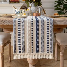 Boho Table Runner 90 Inchs Long, Navy Blue and Beige Cotton Linen Blend Woven...