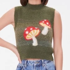 Forever 21 Green Fuzzy Mushroom Sweater Vest