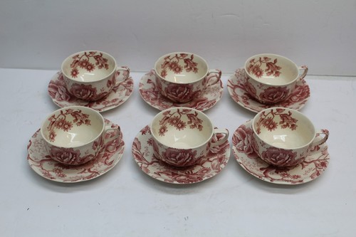 6- Vintage Johnson Bros English Chippendale Red Pink Cup & Saucer Sets