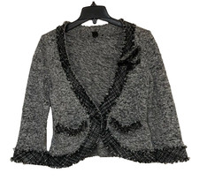 White House Black Market Womens Jacket Blazer M Black White Tweed Fringe Trim