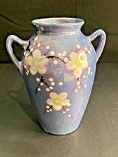 Vintage Two Handled 5” Lusterware Vase Blue Iridescent Dogwood Japan