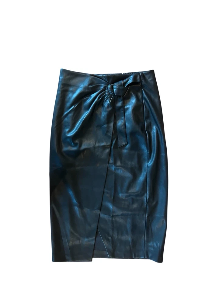 Nwt Tahari Black Faux Leather Midi Pencil Skirt Size 10 High Waist Wrap Front — 第 4/4 张图片