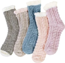Loritta 5 Pairs Womens Fuzzy Socks Winter Warm Cozy Fluffy Super Soft Slipper So