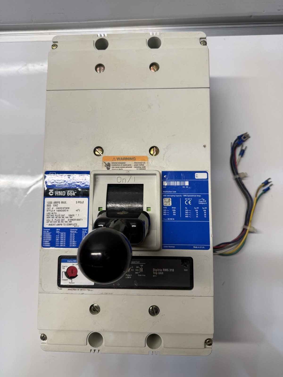 Eaton HND312T38W Breaker 1200A HND 65k 600V 3 Pole Digitrip RMS 310 12NES1200T