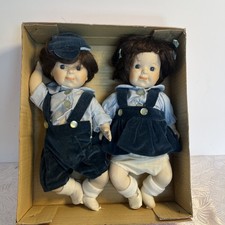 2 Brinn's Collectible Porcelain Doll In Blue Velvet Overalls String Joints