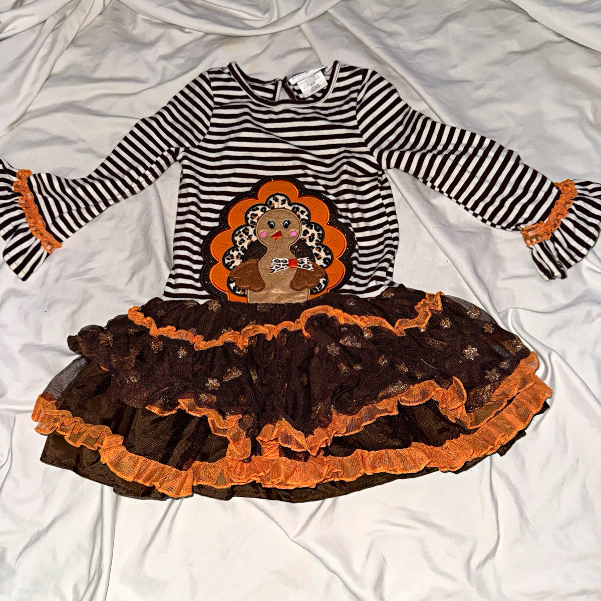 Emily Rose Girls 4 Brown/Orange/White Striped Tulle Ruffle Turkey Dress