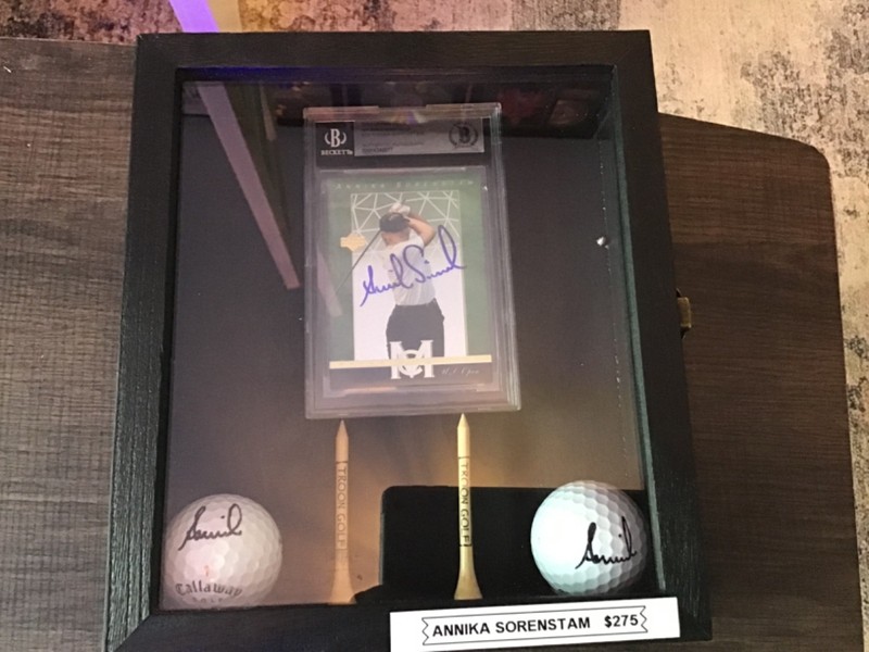 Annika Sorenstam 2 autographed golf balls and trading card in a shadow box
