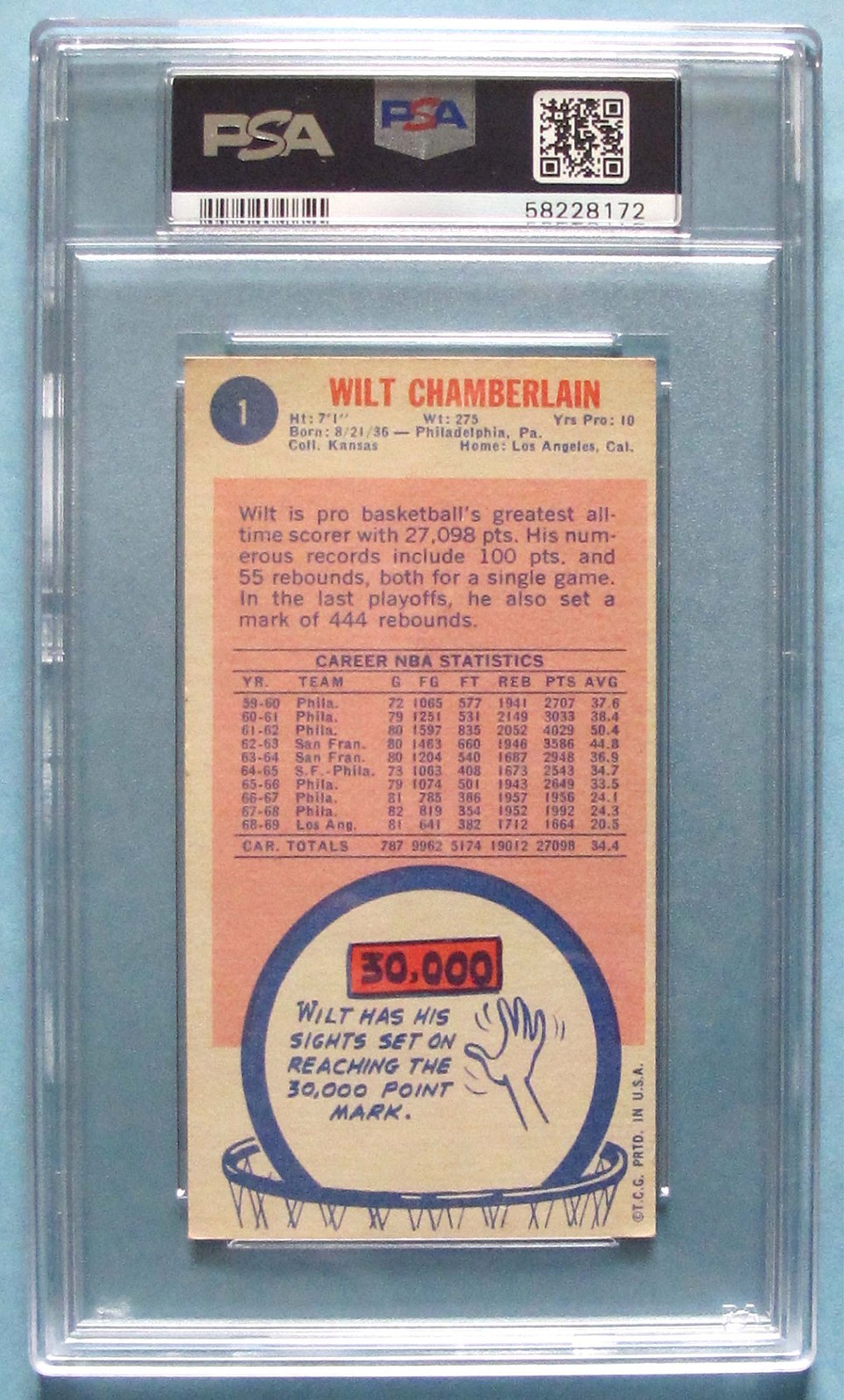 VINTAGE - 1969 - TOPPS - WILT CHAMBERLAIN - L.A. LAKERS - #1 - PSA 5 - EX view 2