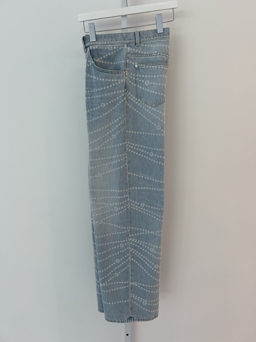 CHANEL 25 CC PEARL PRINT LIGHT BLUE & WHITE JEANS SIZE FR 36
