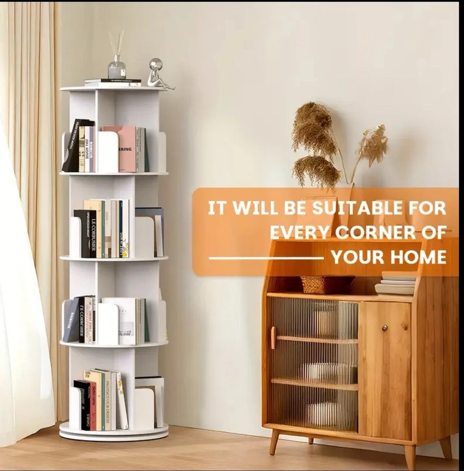 4-Tier Rotating Bookshelf Tower with 360° Spinning Shelves - White - Image 2 of 4