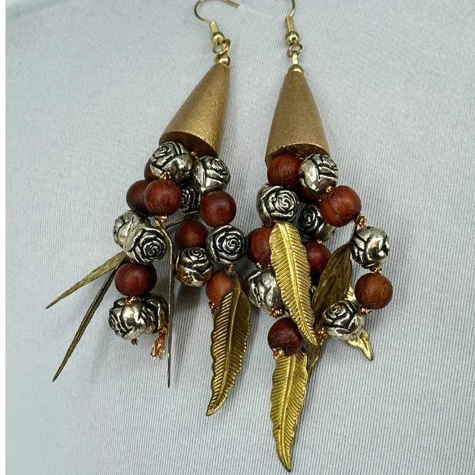 Conjunto de brincos de colar de contas de madeira declaração folhas de ouro bijuterias fantasia - Imagem 3 de 4