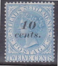 (F287-3) 1880 Straits settlements 10c O/P on 12c blue QVIC stamp MH (C) 