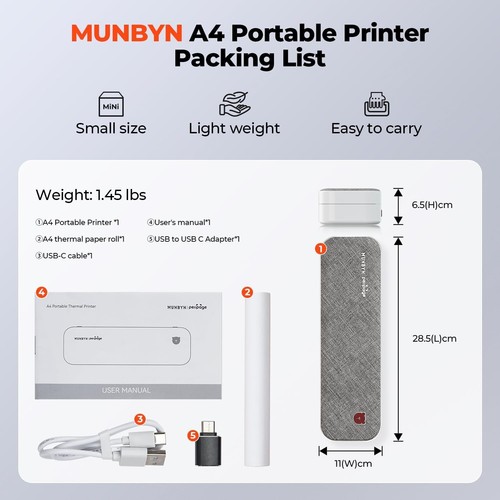 MUNBYN 300DPI Portable Inkless Printer Wireless for Travel, Bluetooth, - Picture 5 of 7
