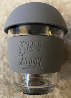 JOCO/KEEPCUP 6-8oz. Glass Coffee Cup w Grey Silicone Sleeve  Free the Robot -VG