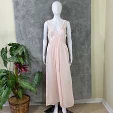 LORRAINE Vintage Lace Trim V-Neck Maxi Night Gown, Size Medium Pink