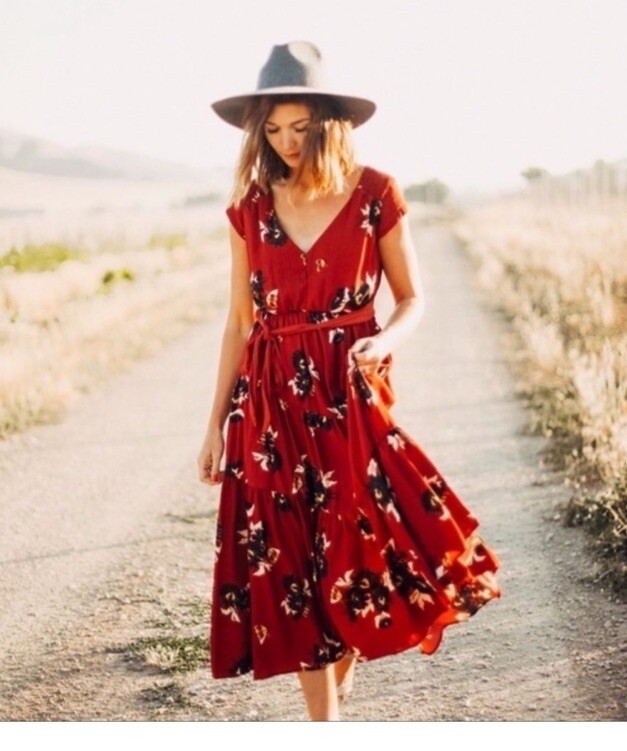 Free People All I Got Maxi Dress Prairie Floral Red waist tie size 4 Cap  Sleeves | eBay