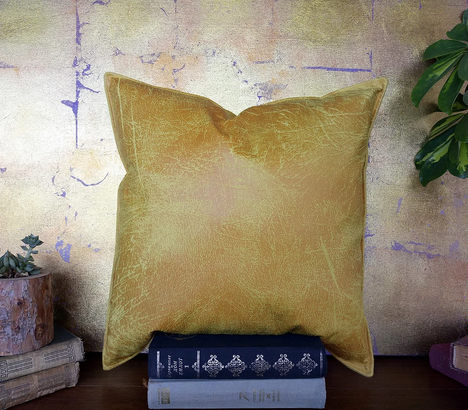Yellow faux leather patchwork cushion cover 40x40cm-vegan pillow cover-1pcs - Image 4 of 4