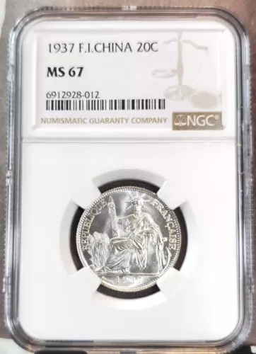 1937 FRENCH INDO CHINA SILVER 20 CENTS NGC MS 67 RARE GEM BU BEAUTY