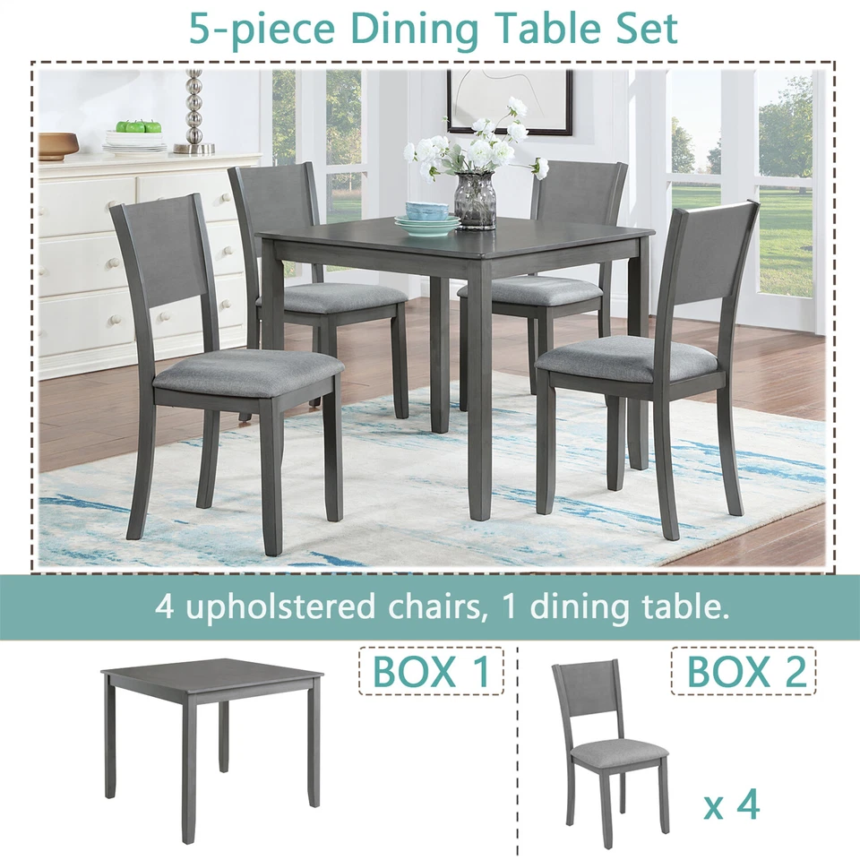 5 Piece Dining Set Kitchen Breakfast Furniture with 4 Upholstered Chairs Gray - Image 3 of 4