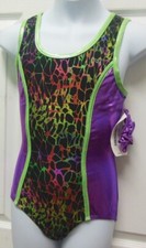 Girls Acro Gymnastic Leotard Racer Keyhole back Foil crocodile print Lime Plum