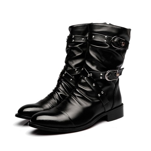 Mens Fashion PU Leather Studs Buckle Straps Fleeced Motorcycle Boots Shoes
