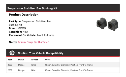 Kit de buje de barra estabilizadora de suspensión MOOG para Dodge Nitro 2007-2008 - Imagen 2 de 3