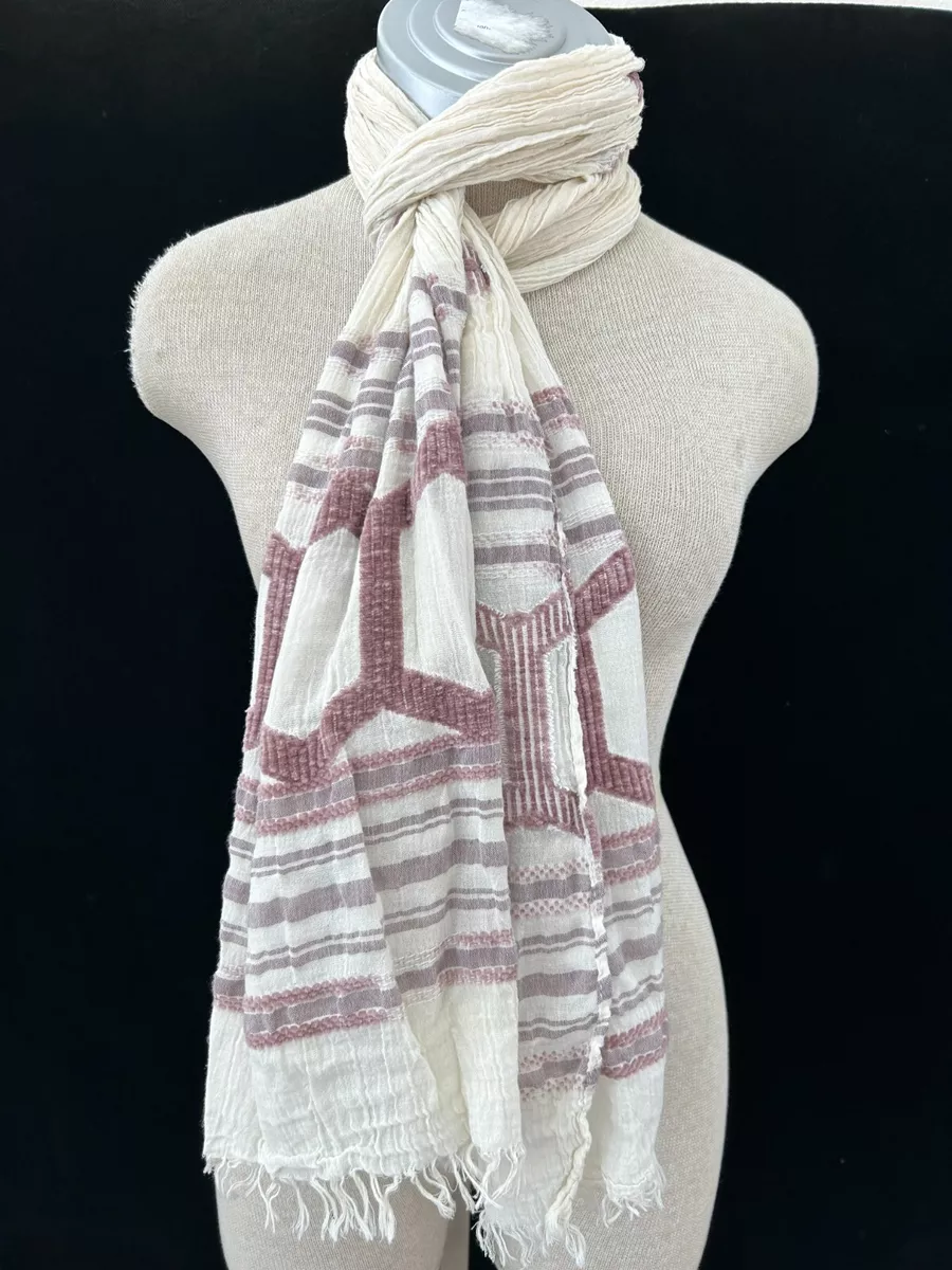 Crinkle Stretch neck scarf shawl 72 x 15 long cream brown fringe