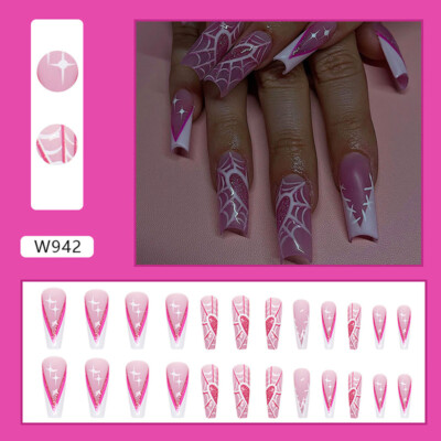 French Press on Nails with Spider Web Printed Pink Long Square Fake Nails
