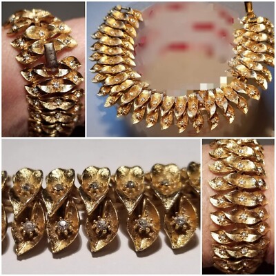 Stunning Textured Gold Tone Rhinestone 3 Row Bracelet.