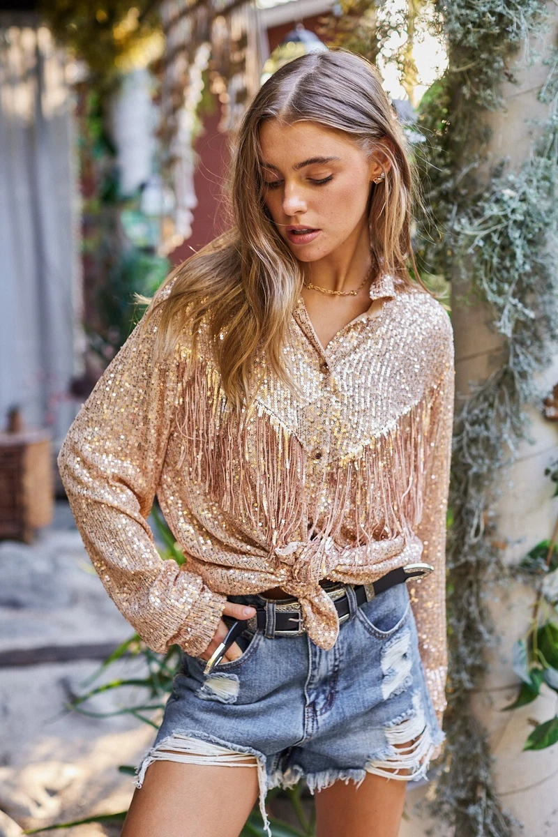 All Glitters is Gold Fringe Western Button Up Vegas Party Shirt | eBay