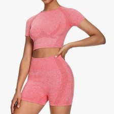 Workout Shorts and Crop top seamless set Pink Red M